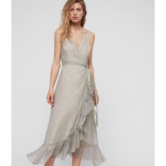 Allsaints Dayla Speckle Dress Oyster Wraparound Ruffle Trim Women's Size 4 - Picture 1 of 11